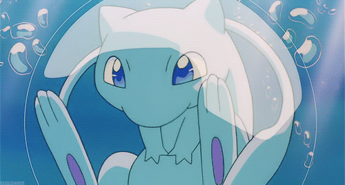 A holographic Bubble Mew Pokémon card