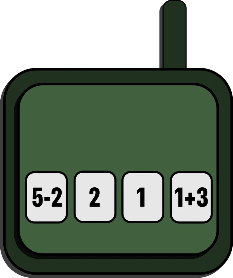 Player 2's radio showing the code as sums: 5 minus 2, 2, 1, 1 plus 3