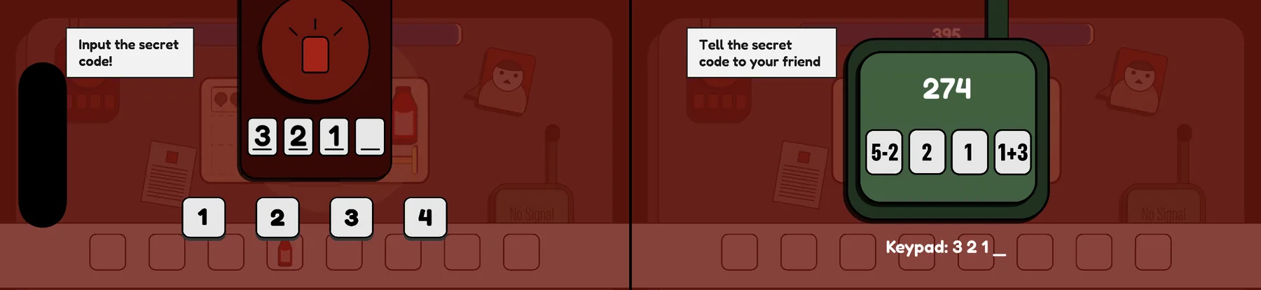 Both players' screens mid-alarm: Player 1 has typed 3 2 1 on the keypad while Player 2 reads out the code