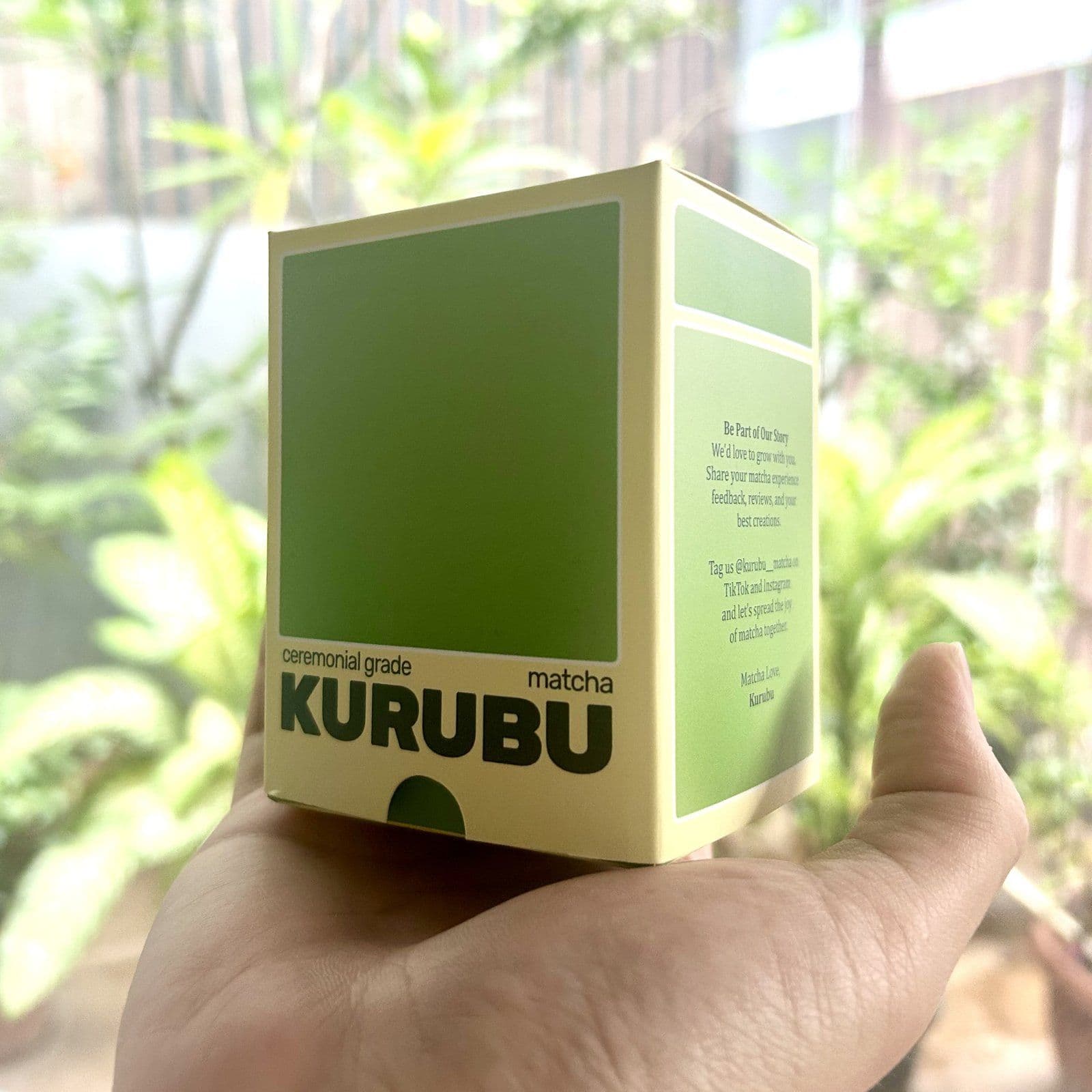 A hand holding a green Kurubu ceremonial grade matcha box