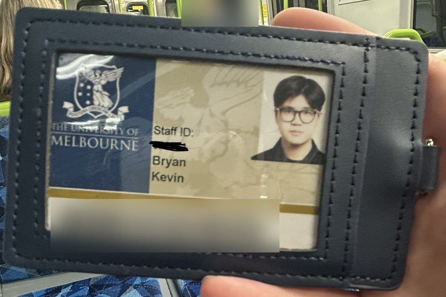 Kevin Bryan's University of Melbourne staff card, with the staff number and barcode hidden